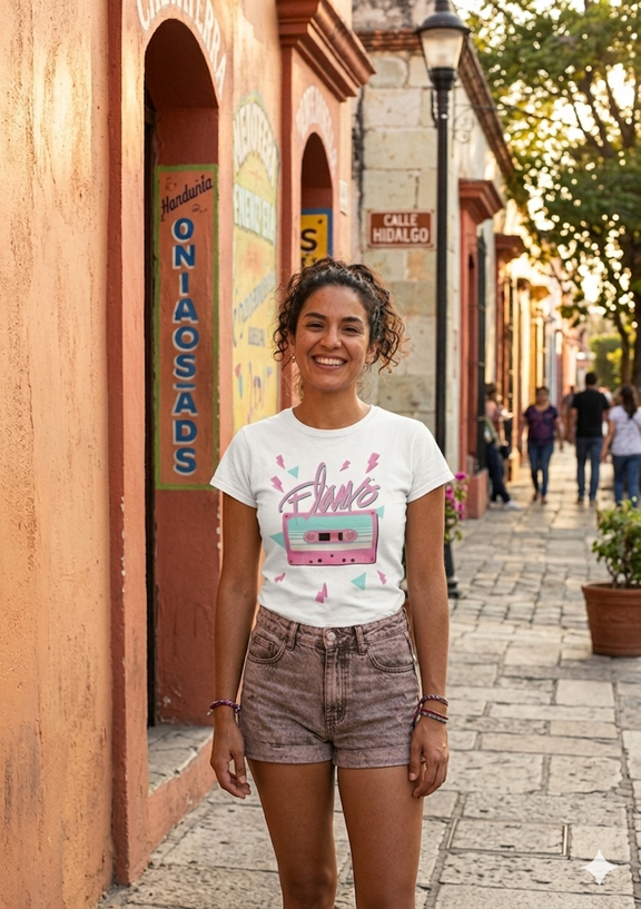 Modelo mujer vistiendo y posando con la playera oficial del Tour Estados Unidos 2026 de Pandora & Flans color blanca.