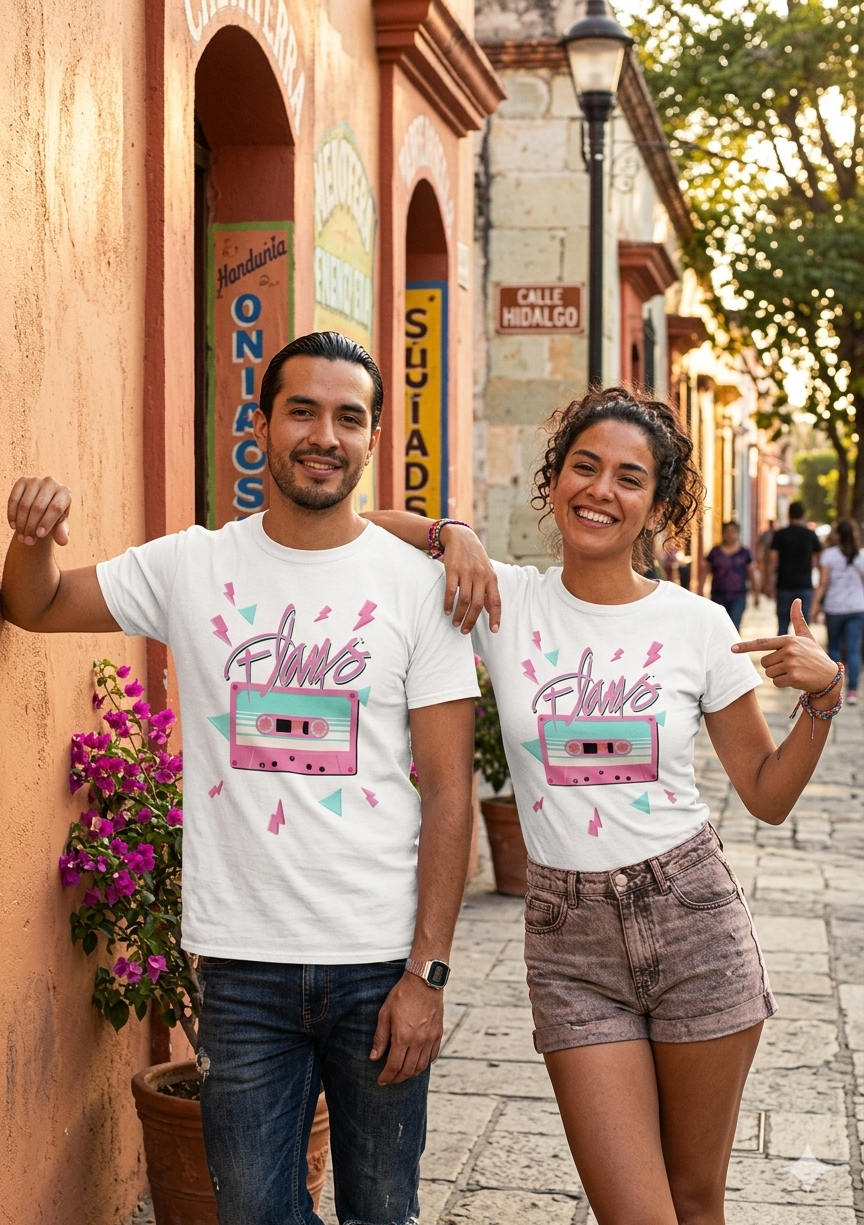 Una pareja de hombre y mujer modelando la playera oficial blanca del Tour USA 2026 de Pandora y Flans.