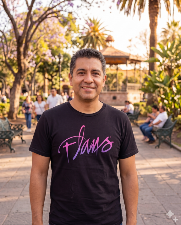 Modelo hombre posando con la playera oficial del Tour Estados Unidos 2026 de Pandora & Flans color negra con letras moradas.