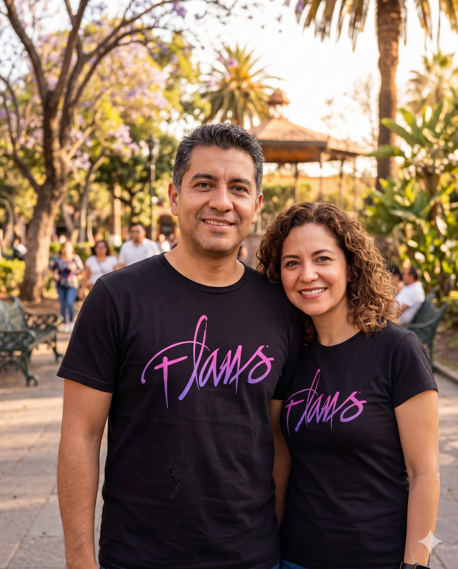 Una pareja de hombre y mujer modelando la playera oficial negra del Tour USA 2026 de Pandora y Flans con diseño de letras moradas y rosas.