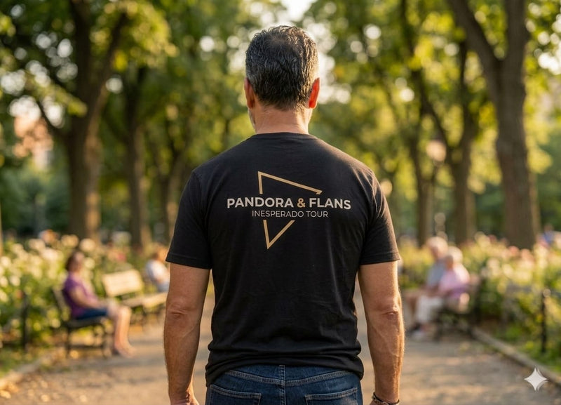 Modelo hombre mostrando la parte trasera y el diseño de la espalda de la playera oficial de Pandora y Flans Tour Estados Unidos 2026 negra.