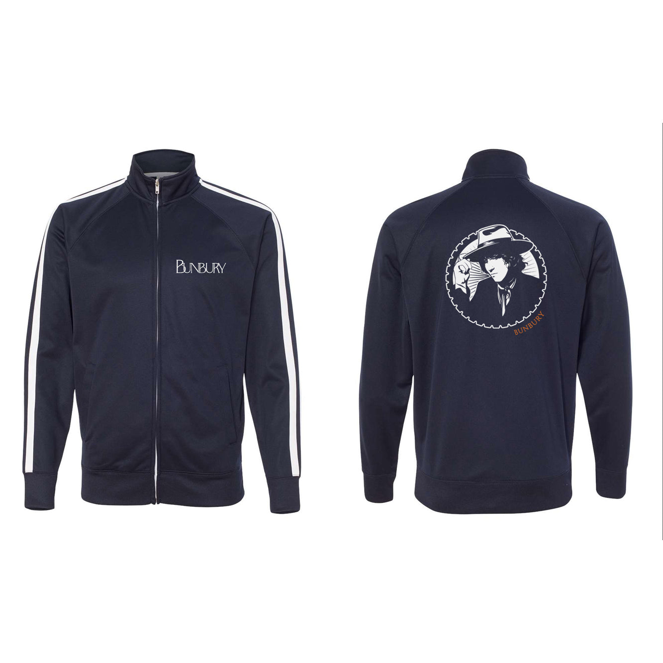 Maqueta digital que muestra juntas las vistas delantera y trasera de la chamarra oficial track jacket de Enrique Bunbury, detallando los acabados, cierres y gráficos impresos.