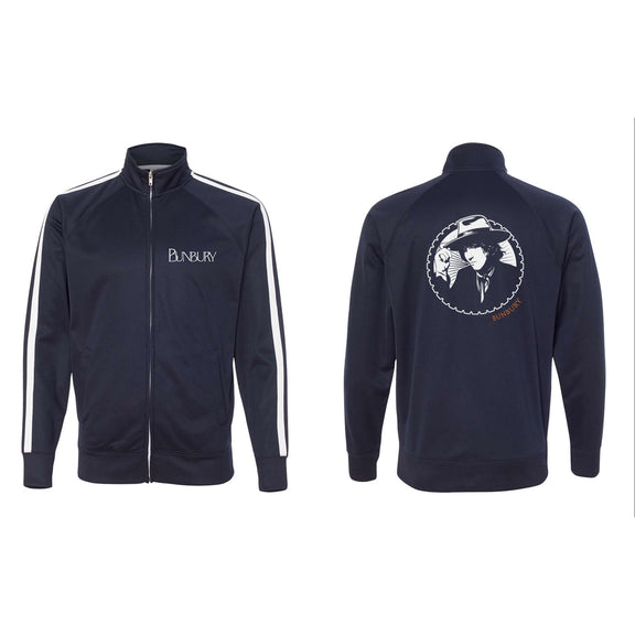Maqueta digital que muestra juntas las vistas delantera y trasera de la chamarra oficial track jacket de Enrique Bunbury, detallando los acabados, cierres y gráficos impresos.