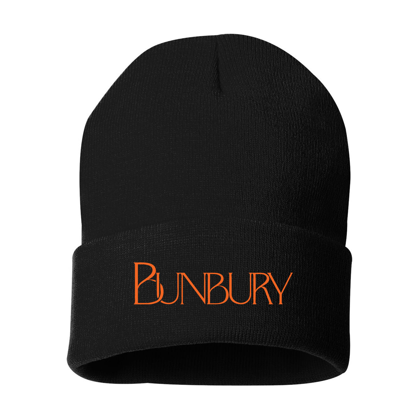 Maqueta digital que muestra el gorro de lana estilo beanie oficial de Enrique Bunbury, detallando el tejido de punto elástico, el dobladillo clásico y el gráfico bordado de colección.