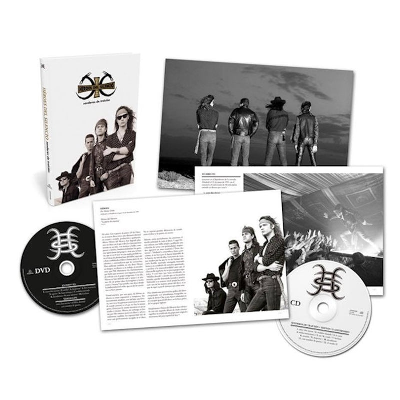 Maqueta digital que muestra la edición de colección por el 25 aniversario del álbum Senderos de Traición de Héroes del Silencio, detallando el empaque estilo libro premium con los discos CD y DVD.