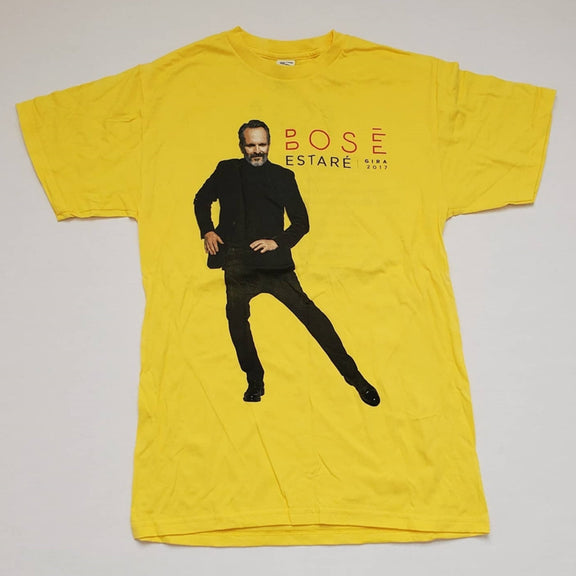 Playera color amarillo vibrante con gráfico oficial de Miguel Bosé impreso en el centro.