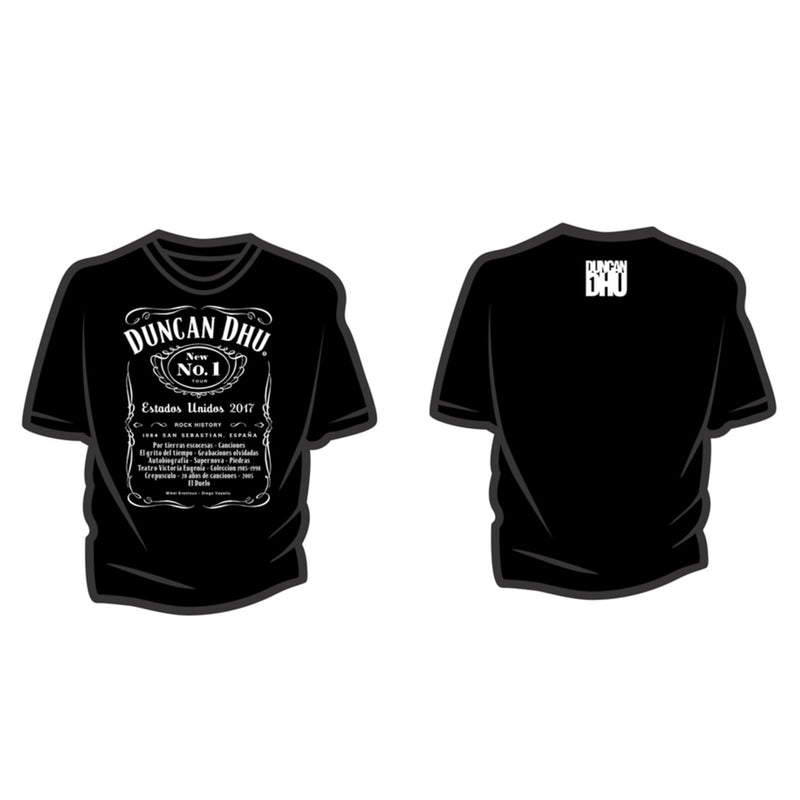 Fotografía de catálogo de la playera oficial de Duncan Dhu, mostrando el corte y el diseño gráfico característico de la banda.