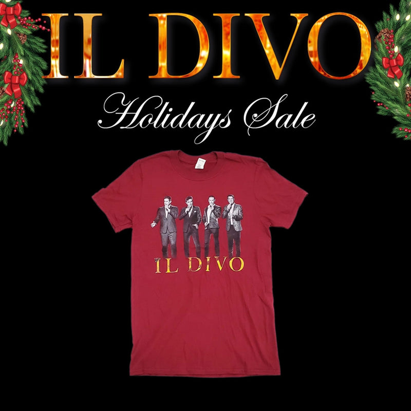 Maqueta digital que muestra el frente de la playera oficial de Il Divo, detallando el corte clásico de mangas cortas, el cuello redondo y los gráficos de la campaña especial de rebajas.