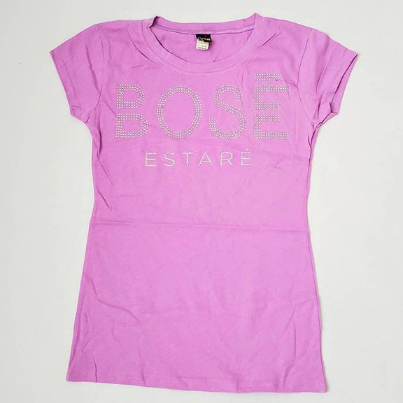 Fotografía de catálogo de la playera morada oficial de Miguel Bosé con corte para mujer, mostrando el diseño y el ajuste del textil.