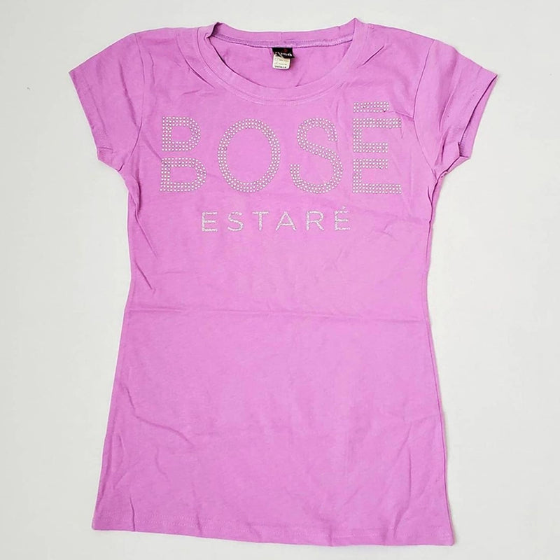 Fotografía de catálogo de la playera morada oficial de Miguel Bosé con corte para mujer, mostrando el diseño y el ajuste del textil.