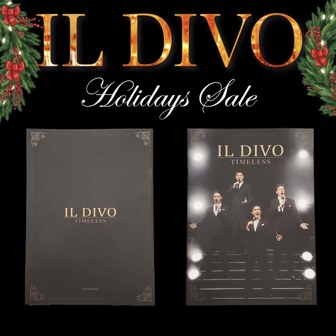 Maqueta digital que muestra el diseño de la portada oficial del libro de programa de la gira Timeless de Il Divo para la campaña especial de venta.