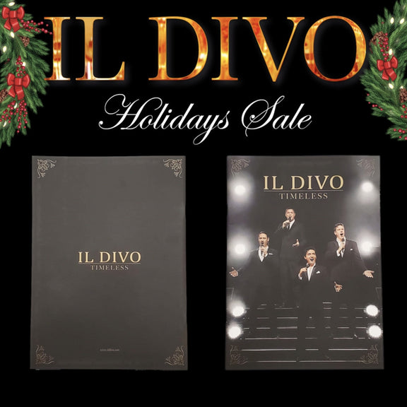 Maqueta digital que muestra el diseño de la portada oficial del libro de programa de la gira Timeless de Il Divo para la campaña especial de venta.