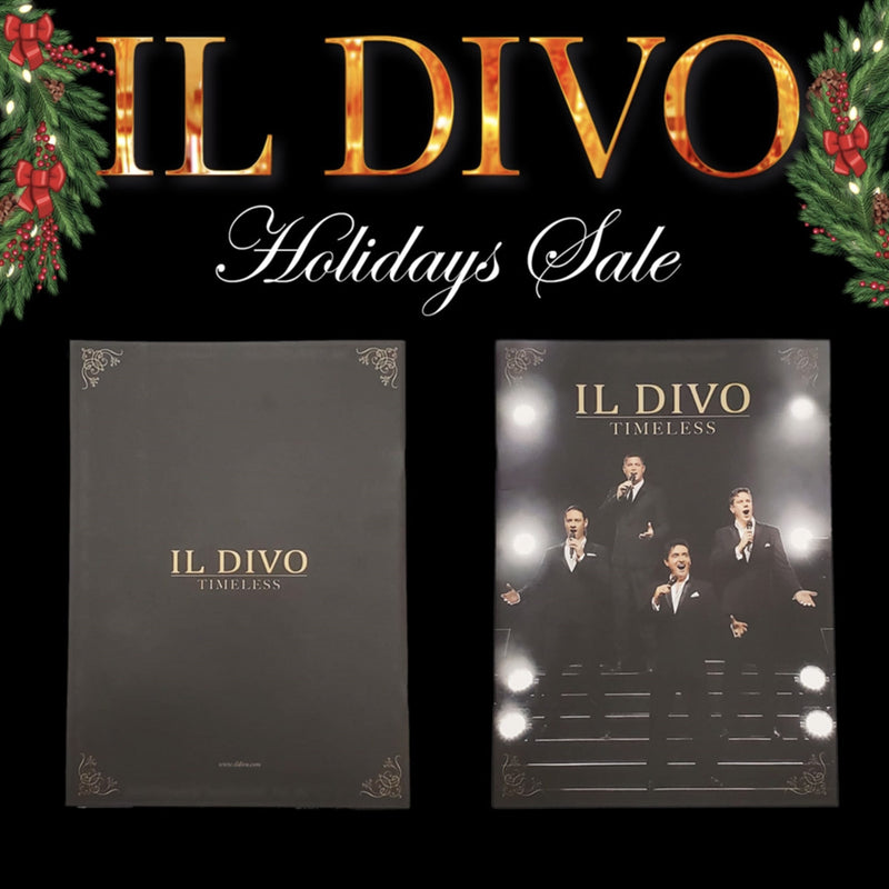 Maqueta digital que muestra el diseño de la portada oficial del libro de programa de la gira Timeless de Il Divo para la campaña especial de venta.