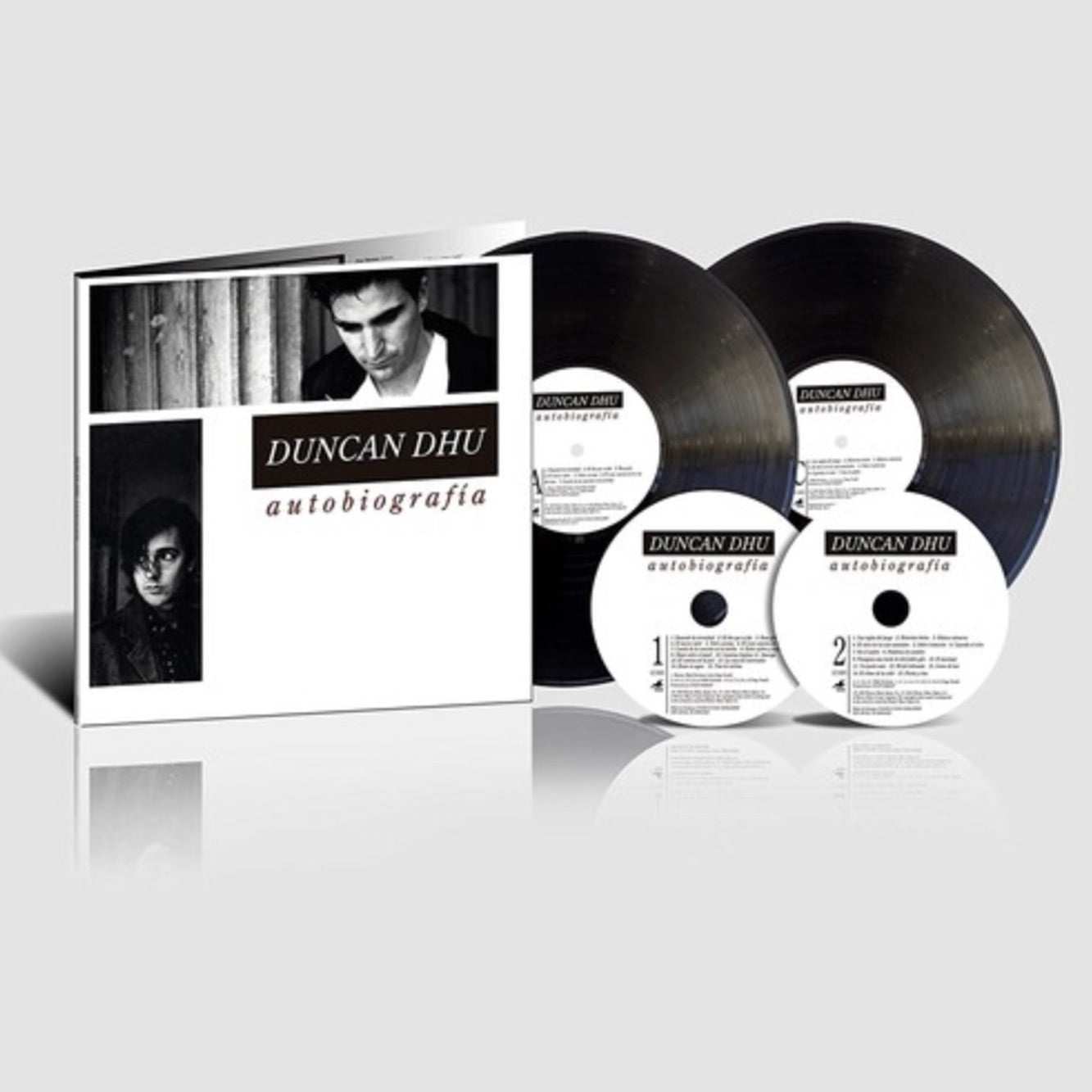 Maqueta digital del set de colección Autobiografía de Duncan Dhu, mostrando el empaque abierto con sus dos discos de vinilo y dos CDs.