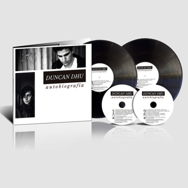 Maqueta digital del set de colección Autobiografía de Duncan Dhu, mostrando el empaque abierto con sus dos discos de vinilo y dos CDs.