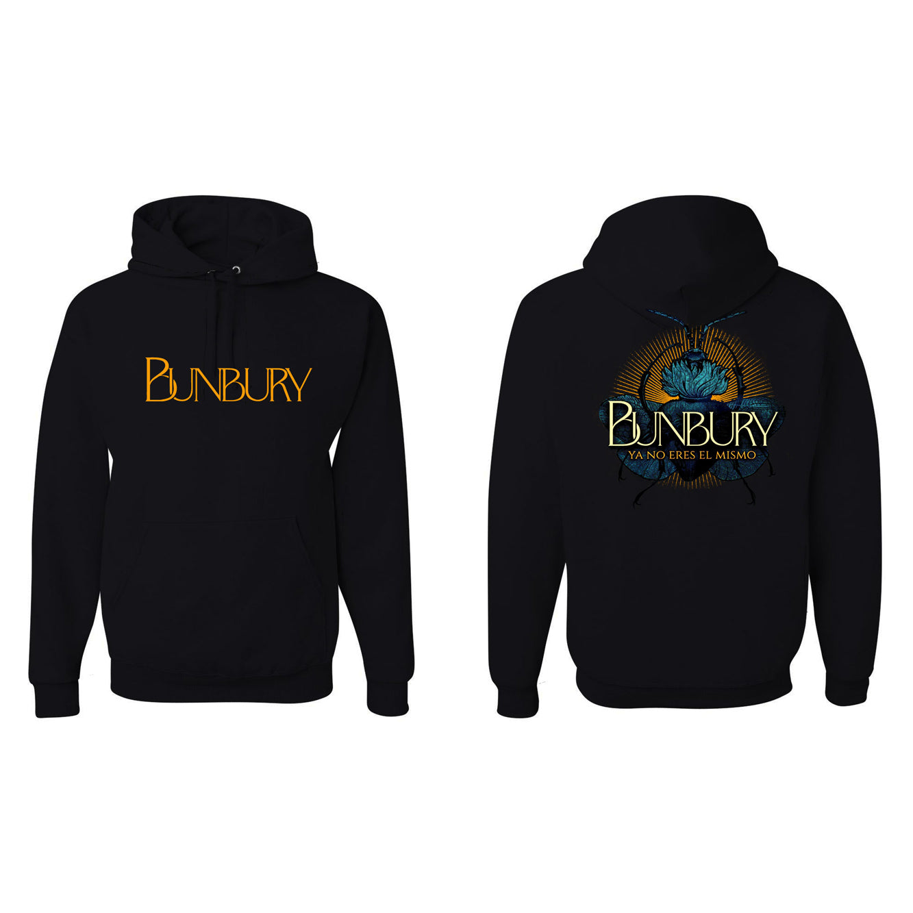 Maqueta digital que muestra juntas las vistas delantera y trasera de la sudadera oficial con capucha de Enrique Bunbury, detallando los acabados de las costuras, el capuchón y los gráficos impresos.