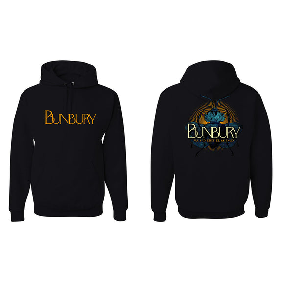 Maqueta digital que muestra juntas las vistas delantera y trasera de la sudadera oficial con capucha de Enrique Bunbury, detallando los acabados de las costuras, el capuchón y los gráficos impresos.
