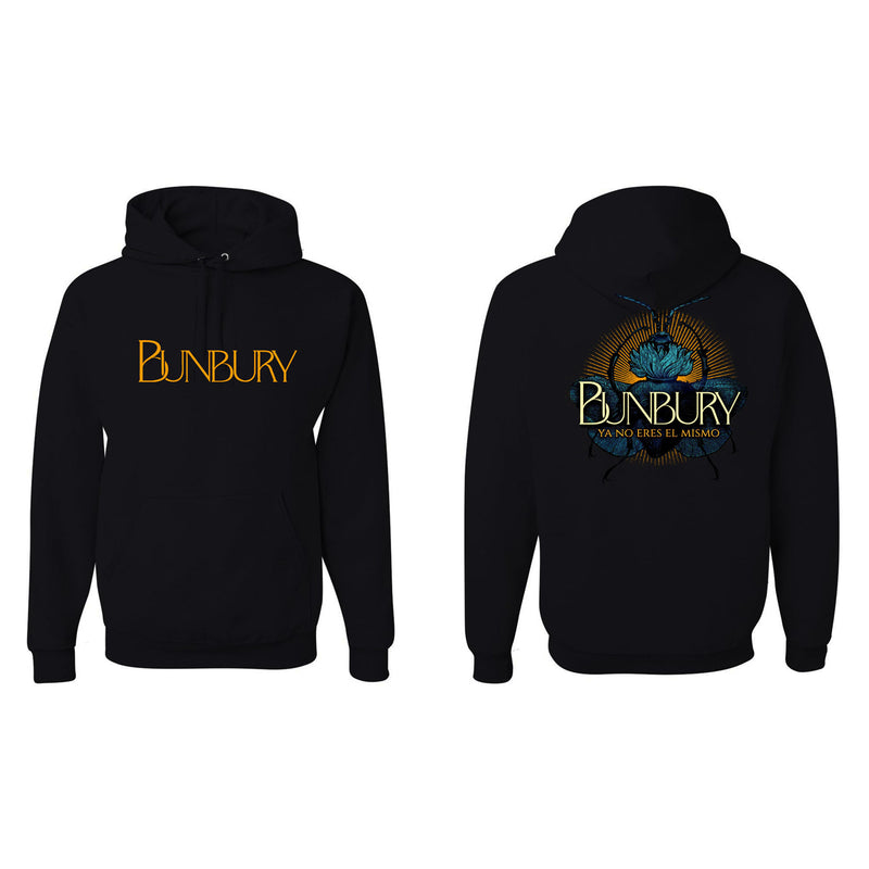 Maqueta digital que muestra juntas las vistas delantera y trasera de la sudadera oficial con capucha de Enrique Bunbury, detallando los acabados de las costuras, el capuchón y los gráficos impresos.