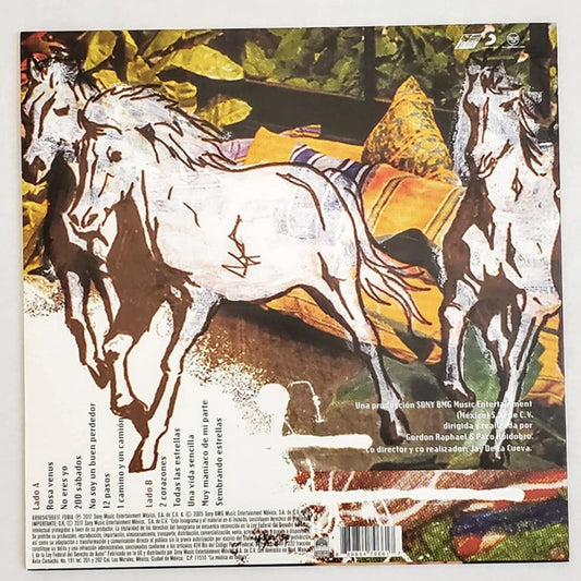Fotografía de la contraportada de la edición en vinilo de Rosa Venus, detallando el arte gráfico de caballos corriendo y los créditos de fabricación.