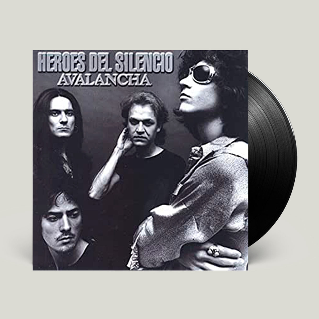 Maqueta digital que muestra la edición oficial en formato de disco de vinilo del álbum Avalancha de Héroes del Silencio, detallando el diseño gráfico del empaque de colección.