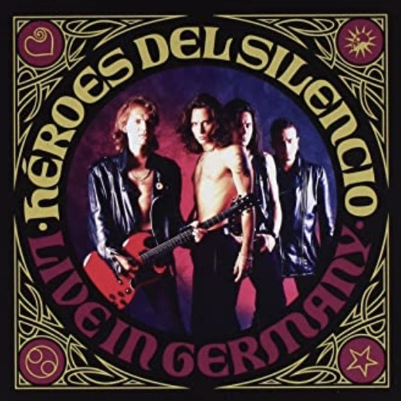 Diseño de la portada oficial del álbum Live In Germany de Héroes del Silencio, destacando el retrato central de los integrantes y los ornamentos tipográficos circulares en verde y oro.