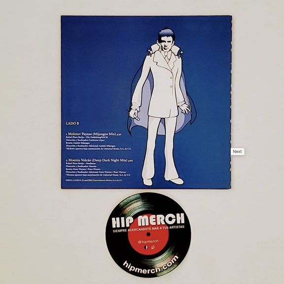 Fotografía de la funda interior de color azul con la silueta artística en blanco de José José para el resguardo de la edición especial en vinilo.