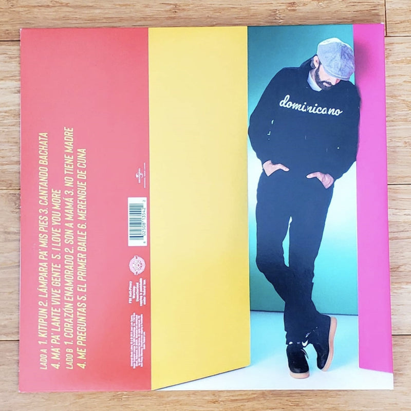 Fotografía de la contraportada de la edición en vinilo del álbum Literal de Juan Luis Guerra, con diseño de bloques coloridos y retrato del artista.