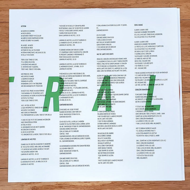 Fotografía de la segunda cara del inserto interior impreso del vinilo con créditos y la tipografía verde que completa la palabra RAL.